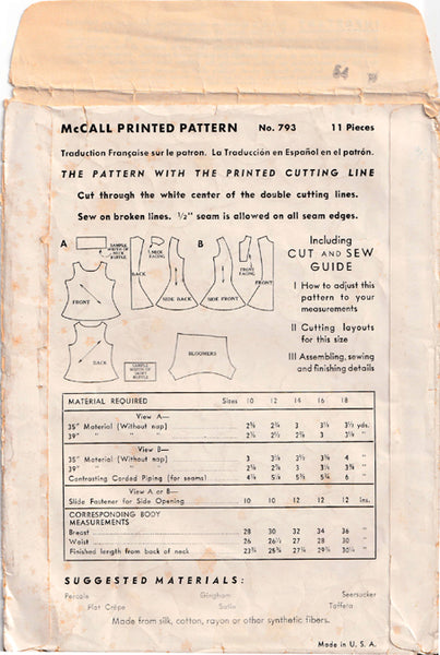 1940 Dance Costumes, Original McCall 793, 30" bust