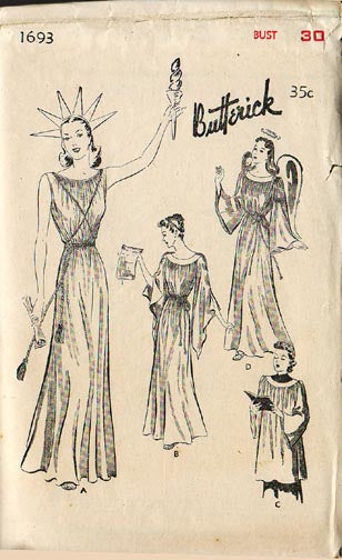 1940's Costume for Statue of Liberty, Grecian or Angel and Choir Robe, Original Butterick 1693 30" Bust
