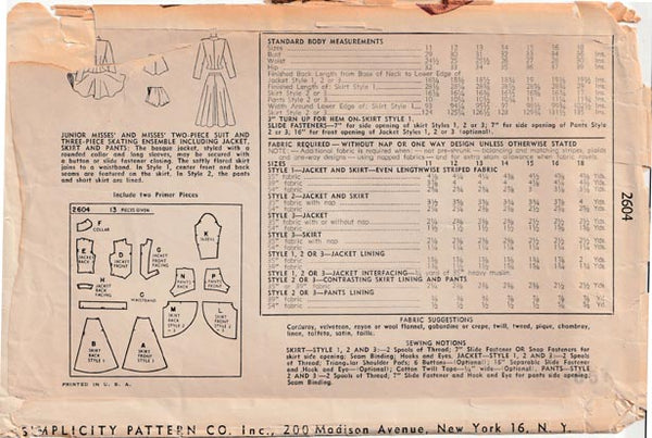 1948 Two-piece Suit and Three-piece Skating Ensemble, Original Simplicity 2604 30" bust